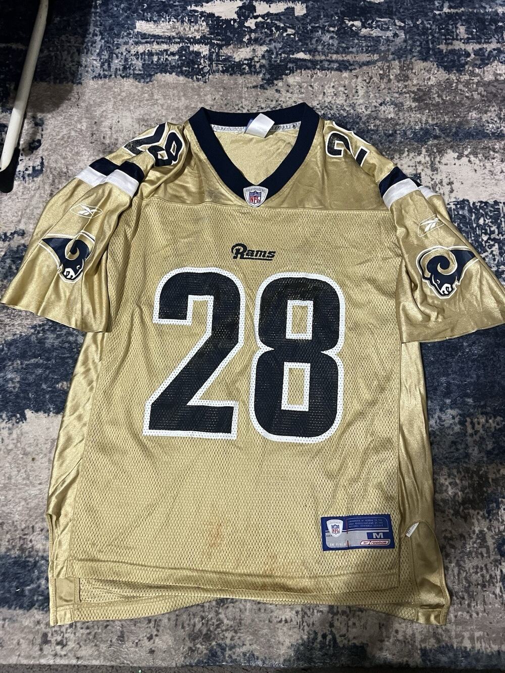 Size M- VTG St Louis Rams Marshall Faulk #28 Reebok NFL Equipment Gold Jersey